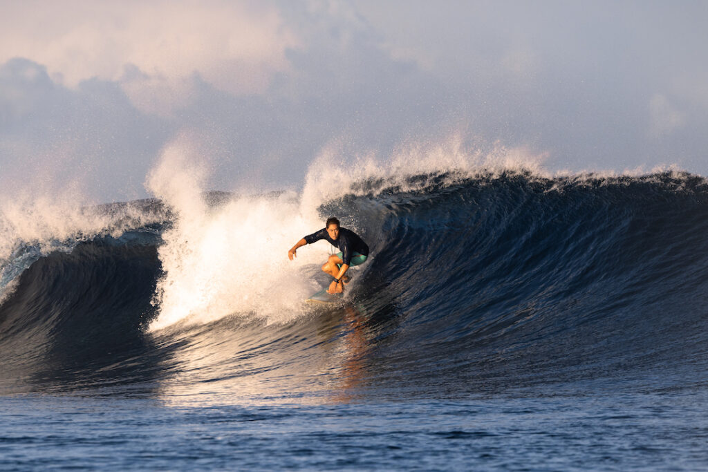 Travis Morrin surfs off Tavarua Island Resort.  Photo by Sarah Lee